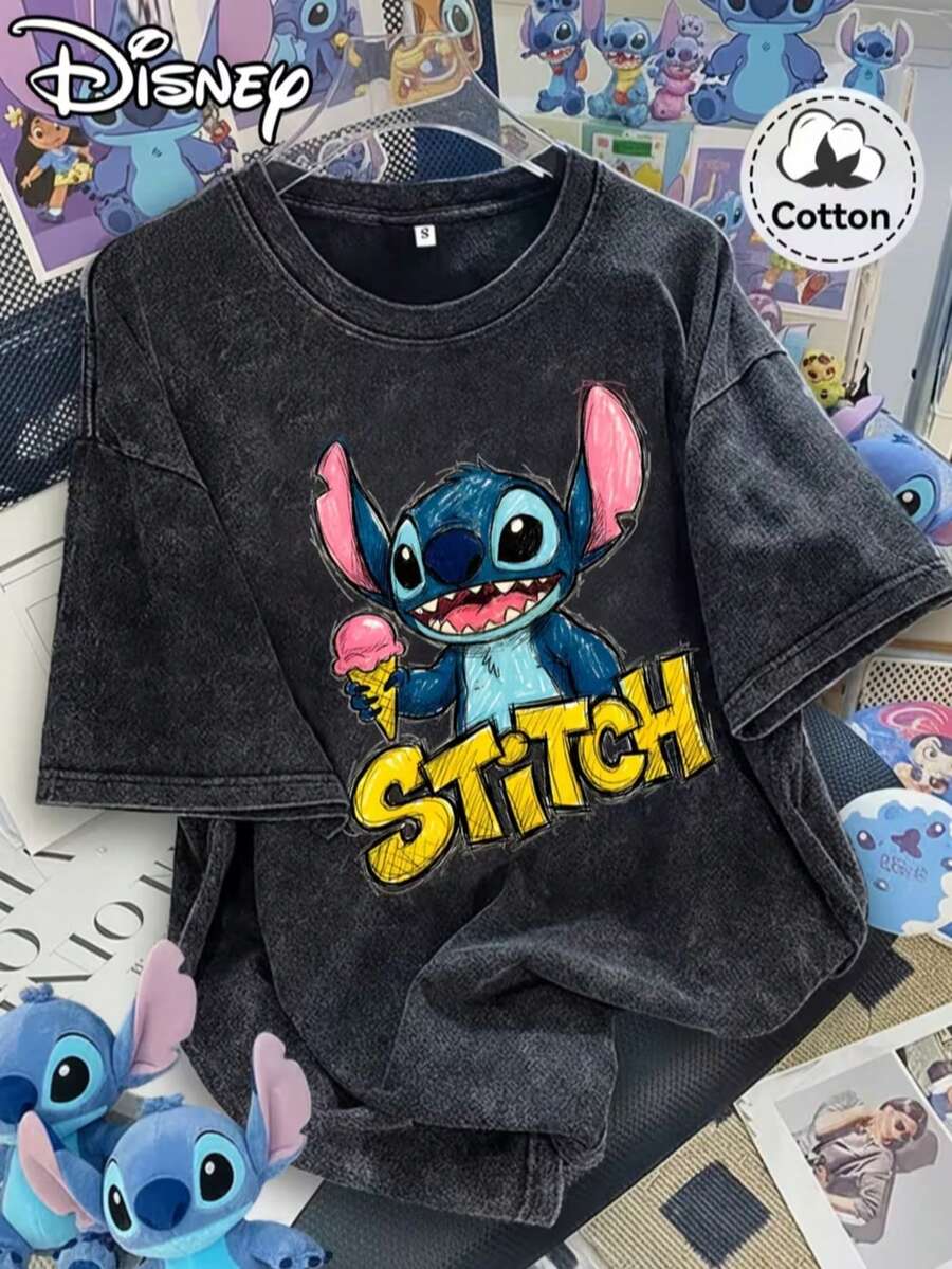 Disney Lilo And Stitch Pattern Retro T-Shirt, Clothing, Summer Women'S FunRound Neck Pullover Tee, Regular Fashion Niche - màu đen - Xem 1