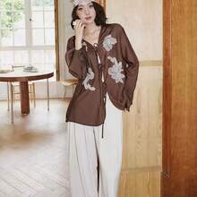 Women's Woven Embroidered Drawstring Long Sleeve Shirt, Regular Fit Top Vacation Spring - Coffee Brown - View 1