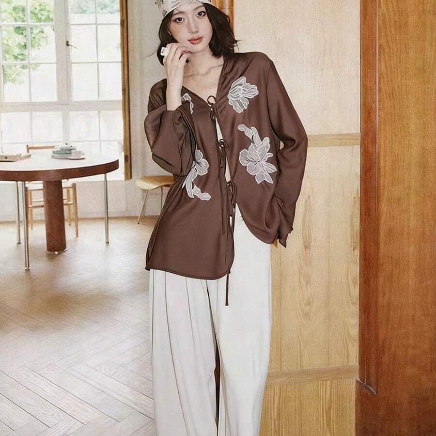 Women's Woven Embroidered Drawstring Long Sleeve Shirt, Regular Fit Top Vacation Spring - Coffee Brown - View 1