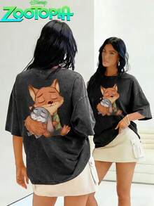 Disney Zootopia Judy And Nick Heart Warm Hug Hand Painted Front And BackPrint Oversized Vintage T Shirt Street Style 2026 Spring SummerRetro Fashion Lovers Popular Vintage Crew Neck T Shirt - Black - View 1