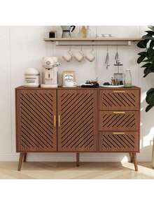 SURUIHK Storage Cabinet With 3 Drawers & Double Doors Wood Buffet Sideboard Cabinet Multi Use Storage Organizer For Kitchen Dining Room Living Room Natural Wood Style - 棕 - 查看 3