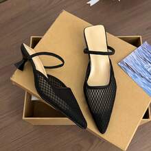 粉色小猫跟凉鞋，网眼露跟设计，高跟鞋 - 黑色 - 查看 2