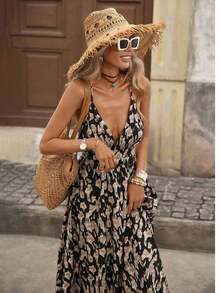 Vestido sin mangas de cuello en V con estampado total para vacaciones de verano de mujer - Negro - Ver 5