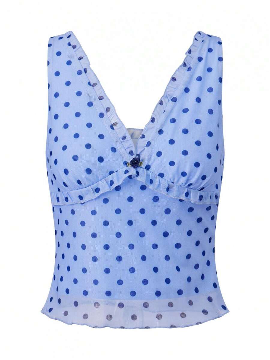 Women's Summer Crop Tank Tops Dot Print Sleeveless V-Neck Frill Slim Fit Vest For Party - 藍色 - 查看 1