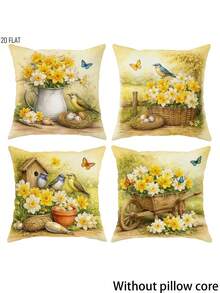 2D Plano 4 piezas Fundas de cojín vintage con flores y pájaros de primavera, fundas de cojín decorativas cómodas en amarillo-verde, impresión de un solo lado, adecuadas para sala de estar, dormitorio, sofá, decoración de cama, rellenos de cojín no incluidos - Mostaza Amarilla - Ver 2