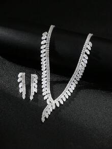 3pcs Luxury Rhinestone Single-Sided Necklace & Earrings Jewelry Set, Suitable For Bride Wedding, Daily Commute, Party, Vacation, Elegant Versatile High-End Accessories - Silver - View 2
