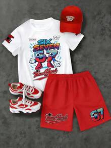 2pcs Toddler Boys' Spring/Summer Short Sleeve T-Shirt & Shorts Set, White Tee With Gradient Letter & Robot Digit Print, Red Shorts With Matching Elements, Dirt-Resistant & Skin-Friendly, Suitable For School, Casual Outings, Family Trips, Boys' Outfit - Red - View 9