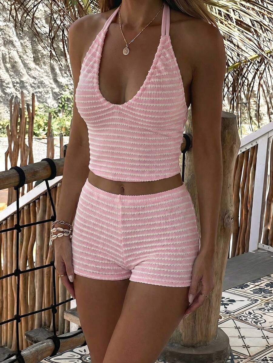 Vaiaye Women's Striped Camisole And Shorts 2-Piece Set, Cropped Tank Top And Shorts Beach Vacation Casual Outfit, Sexy Backless Beach Holiday Suit Pink Summer - Pink - View 1