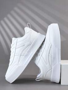 Men's Sneakers, Breathable All-Season Multi-Function Non-Slip Thick Sole Pure White Casual Leather Lace-Up Low-Top Oversized Sports Shoes - White - View 5