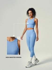 I-Shaped Back Ribbed Crop Top, Seamless Workout Tank Sports - Blue - View 11