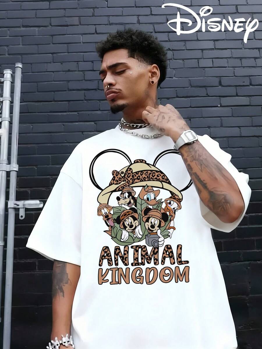 Disney Authorized Mickey Mouse And Animal Kingdom Cartoon Patterns And Animal Kingdom Letter Prints, Men's Black Pure Cotton Short Sleeved T-Shirt, Breathable White Short Sleeved T-Shirt, Suitable For Summer Wear, Neutral, Regular Round Neck Casual Style, Washable, Comfortable And Loose. - trắng - Xem 1