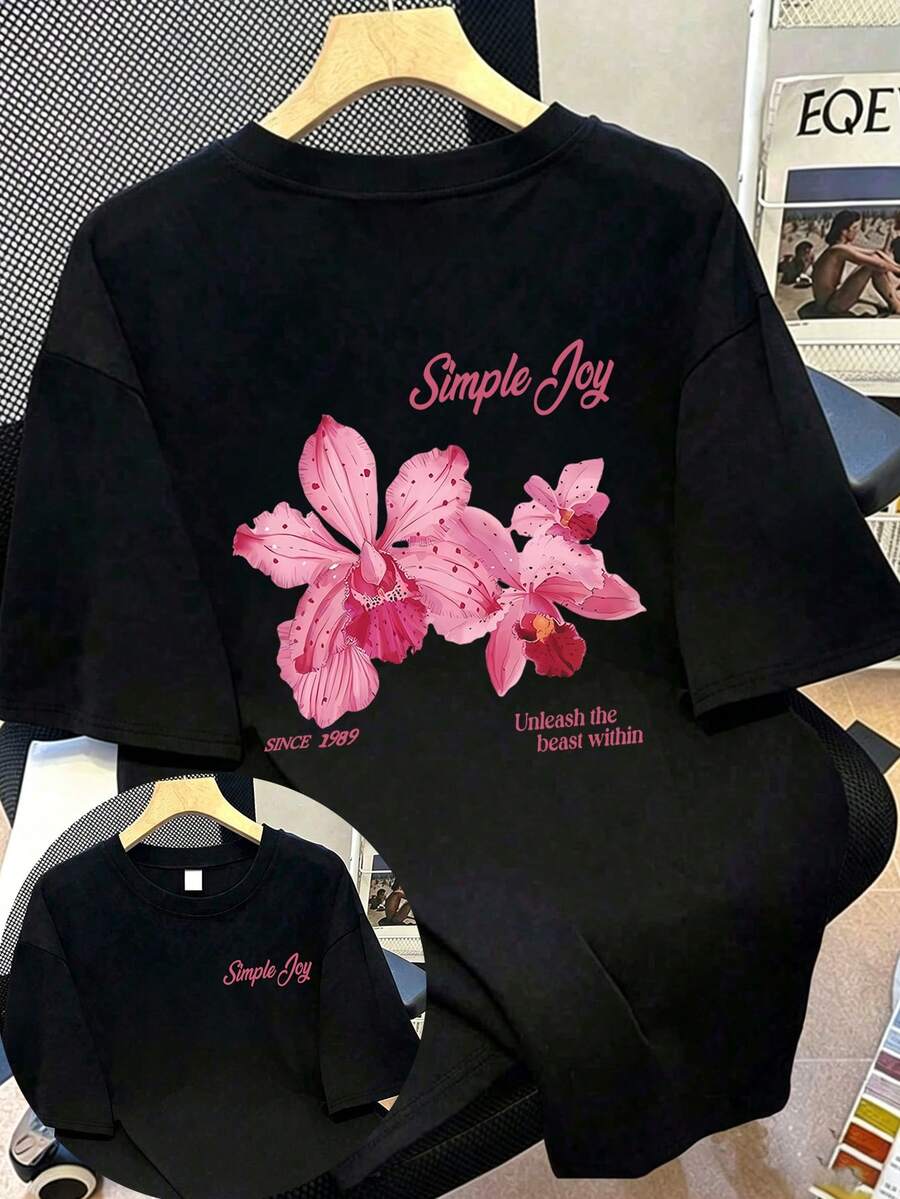 Plus Size Women's Summer Colorful Letter Flower Print Pattern Multicolor Round Neck T-Shirt Fashionable Versatile.Graphic Tees Women Vacation Outfits - Black - View 1