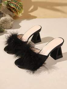 2026 New Lace Vamp Fluffy Decor High Heels, Hollow Heels, Comfortable Breathable High Heels Suitable For All Occasions - Black - View 3