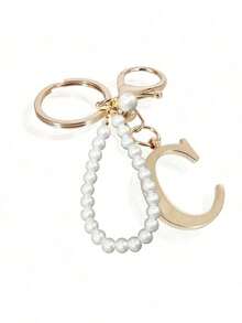 Advanced Elegant Golden Pearl Letter Keychain, Letters A-Z Three-Dimensional Pendant, Elegant Pearl Chain Flash Diamond (Removable According To Personal Preference) Fashion Alloy Keychain Ring, Earphone Pendant, Backpack Charm Car Keychain - 金色 - 查看 6