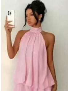 Valentine Outfits For Women Sweet Vacation Slim Sexy Backless Halter Waist-Cinching Top Puffy Short Skirt Dress For Women - 黑白波點 - 查看 6