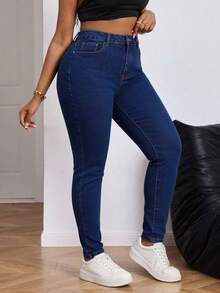 Curvy Size Skinny Jeans In Dark Wash Denim, Medium Stretch - Deep Blue - View 3