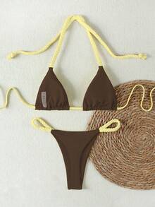 Ladies' Brown And Yellow Rope-Braided Halter Bikini, Sweet And Fresh Color-Blocking Sexy Vacation Swimsuit, Two Pieces Set Beach Summer Spring 2026,Birthday Outfits For Women,Gym Wear Women,Elegant Dress Women,Elegant Dress Women,Vacation Outfits Women,Going Out Top - Multicolor - View 3