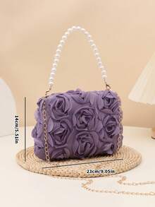 1 pezzo Borsa a tracolla 3D con fiore di rosa, catena di perle, versatile per uso quotidiano, pendolarismo, appuntamenti, abbigliamento da sera - Multicolore - Visualizzare 5