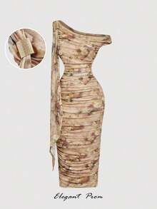 Vestido midi elegante con estampado floral vintage, cuello asimétrico, tejido fruncido ajustado y pañuelo decorativo para mujer eventos y verano - Multicolor 2 - Ver 10