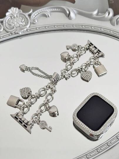 MAPUCE 1PC Fashionable Metal Double Chain Double Heart Lock Bracelet For Apple Watch Bands, Compatible With Apple Watch 38/40/41/42/44/45/46/49mm, Suitable For Apple Watch Series Ultra/SE/11/10/9/8/7/6/5/4/3/2/1, Adjustable In Length And Easy To Operate, With A Double Heart Design And Lock And Key Elements, Full Of Design Sense, Suitable For Giving To Girlfriends (Only Strap)