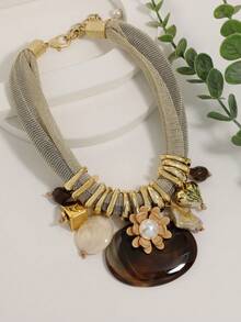 Kalung Liontin Resin Gaya Boho yang Berlebihan, Kalung Rantai Tebal Nuansa Liburan, Aksesori Elegan dengan Warna Alami. - Unta - View 11