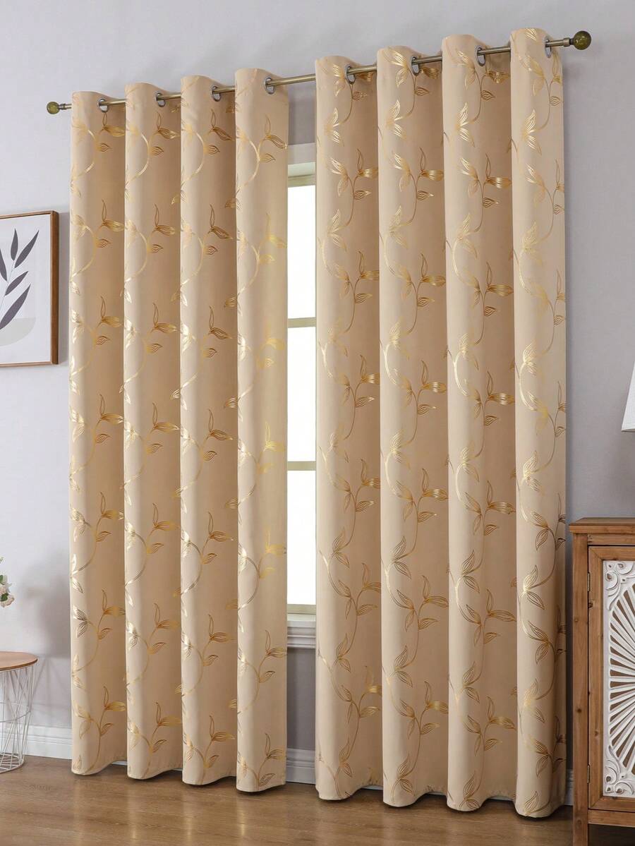 Verdunklungsvorhänge mit Rebblattmuster, goldbedruckte Vorhänge, in verschiedenen Farben und Größen erhältlich, Ösendesign an der Oberseite, geeignet für Wohnzimmer, Schlafzimmer, Esszimmer, Hotel und Arbeitszimmer - Beige mit goldenen Blüten - Übersicht 1
