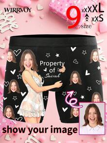 1pc Men's Customized Face Photo Print Briefs, Personalized Heart Star Pattern Underwear, 9 Sizes XXS-XXXL, Anniversary Birthday Gift - Black - View 2