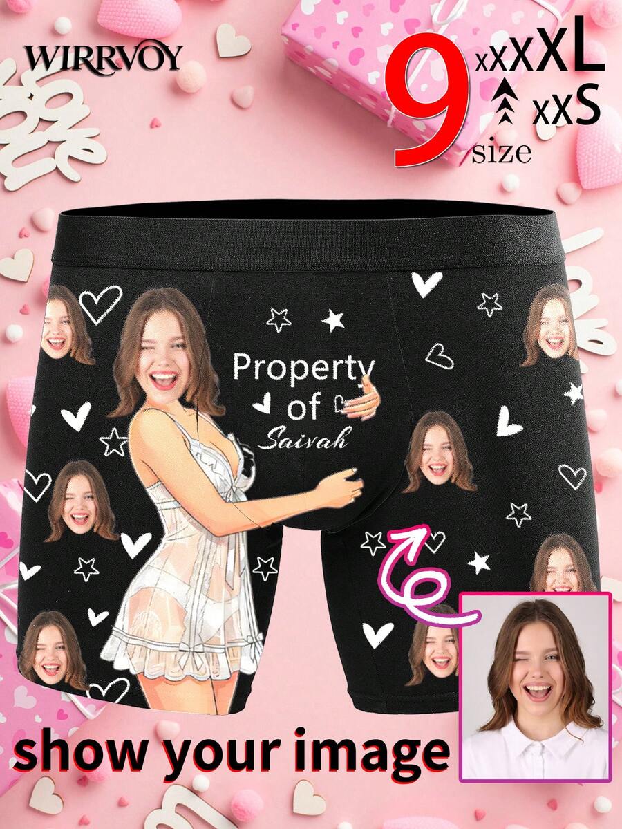 1pc Men's Customized Face Photo Print Briefs, Personalized Heart Star Pattern Underwear, 9 Sizes XXS-XXXL, Anniversary Birthday Gift