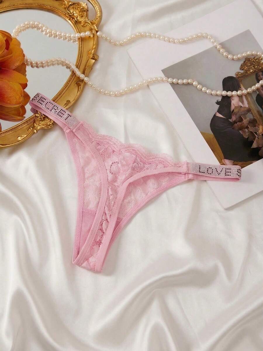 European And American Letter Beaded Women's G-String Lace Trim Hollow Thin Strap Low Waist Panties - Pink - View 1
