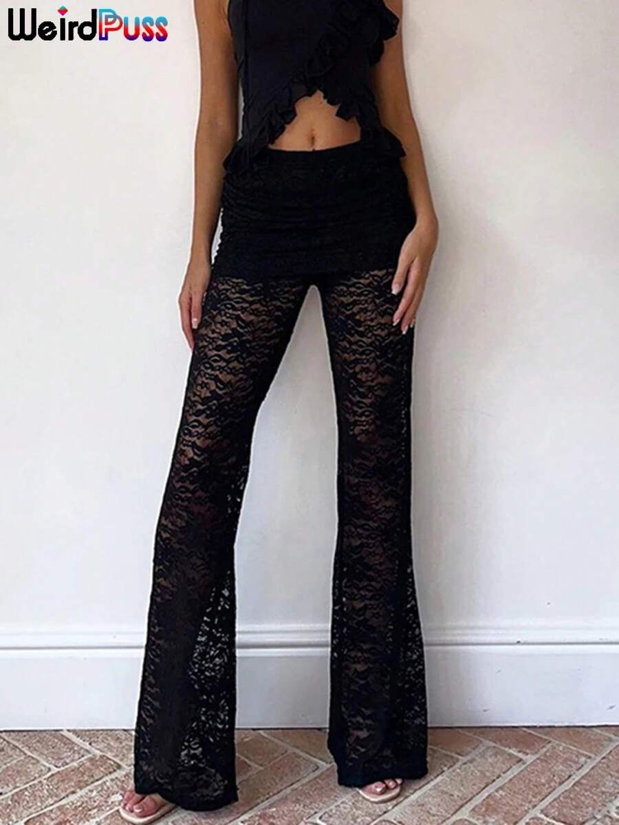 Faldas sexis de verano con diseño de gato extraño para mujer, pantalones Y2K elegantes coquetas elásticas de de verano, ropa informal firme y salvaje, pantalones - Negro - Ver 1