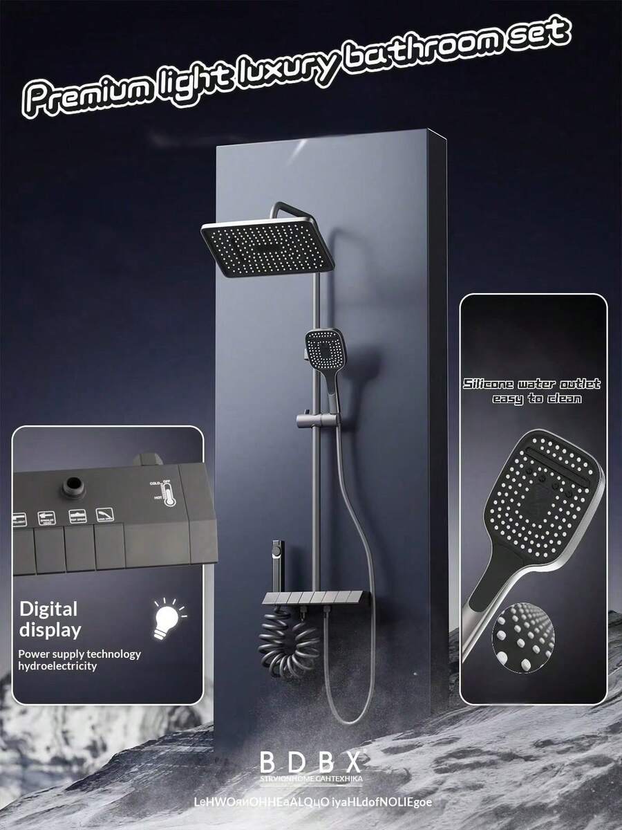 Shower System Thermostatic, 4-Function Piano Key Wall-Mounted Shower Set, With Shower Head, 4 Function Hand Shower(Grey) - Black - View 1