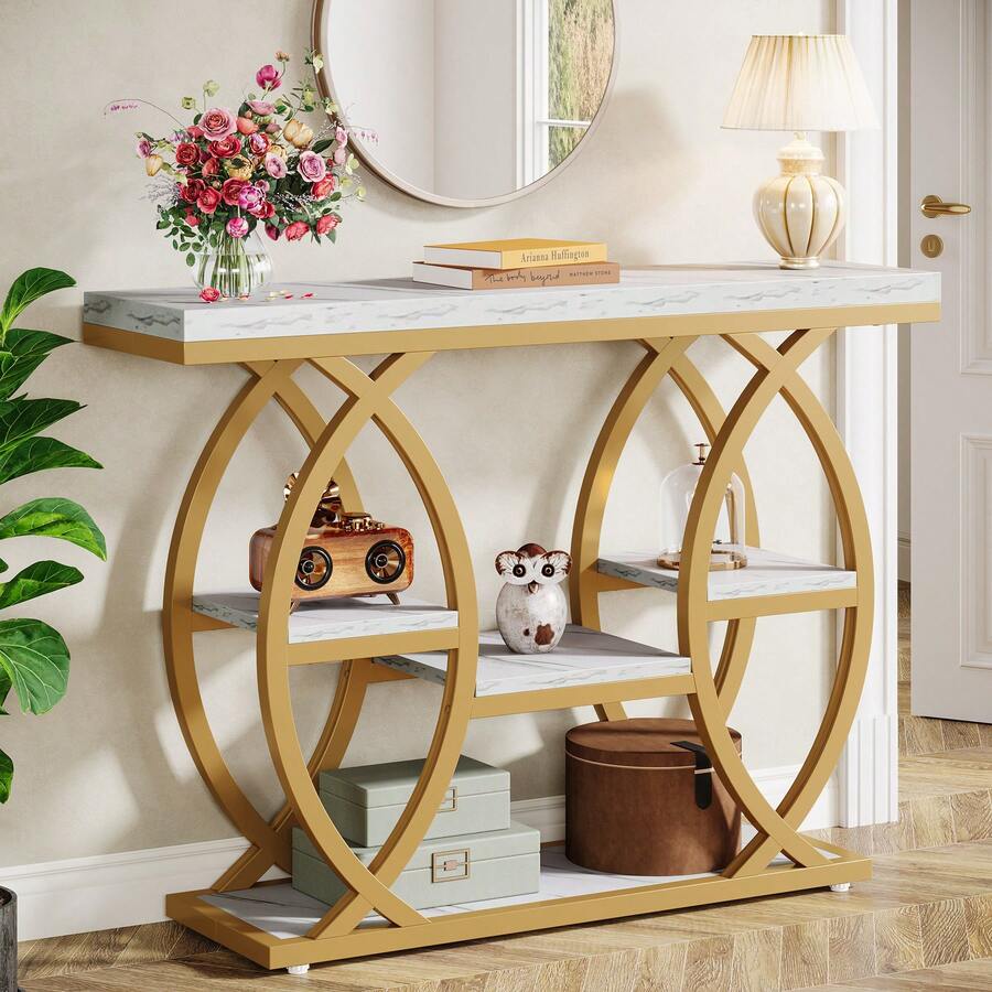 LITTLE TREE 39.4" Console Table, Industrial 4-Tier Sofa Table Entryway Table With Storage Shelves, Narrow Wood Accent Tables With Metal Frame For Small Spaces, Hallway, Foyer, White Gold - 白金 - 查看 1