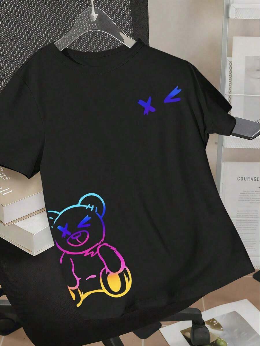 Talla unisex. Camiseta de algodón de talla grande de verano para mujer. 1PSCUnity Camiseta de Manga Corta Cómoda con Estampado Digital de Oso Calavera, Diseño Frontal Sexy, Adecuada para el Hogar, Verano. Material absorbente de sudor, suave y agradable para la piel. - Negro 2 - Ver 1
