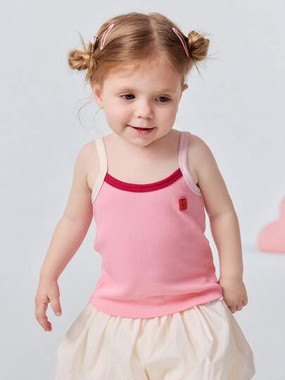 mini bala 2026新款女婴夏季背心，柔软棉质弹力透气撞色无袖吊带衫，可爱休闲，适合日常穿着、幼儿园户外活动