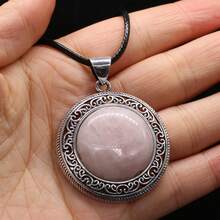 38x42mm Natural Crystal Agate Semi-Precious Stone Round Pendant, Gemstone Inlaid Alloy Abalone Shell Necklace - Water Drop Natural Stone Pendant - View 17