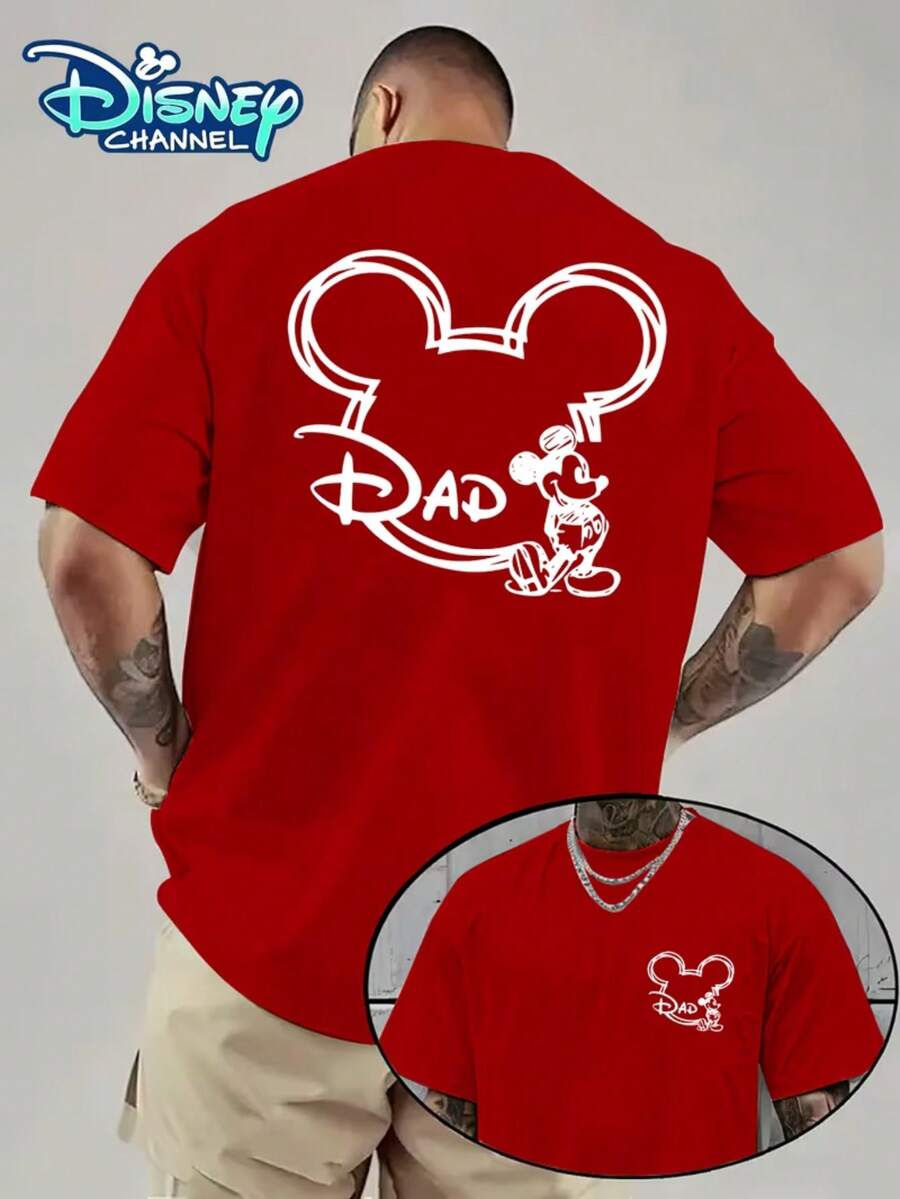 Officially Authorized Disney Men's Short-Sleeved T-Shirt, With The Theme Of DAD, Printed On The Front And Back-Showing The Relaxed And Elegant Outline Of Mickey Mouse's Head And The Printed Design With The Logo Of "Dad". This Is A Multifunctional And T-Shirt That Men Can Wear. - Đỏ - Xem 1
