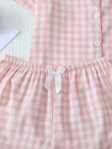 Set de 3 piezas de pijama cómodo y ligero con camisa de manga corta de cuello con botones a cuadros y shorts con lazo, adecuado para uso en casa, primavera/verano - Multicolor - Ver 6