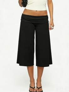 Fold Over Gaucho Pants Culottes For Women Low Rise Capris Foldover Flowy Going Out Flare Bottoms Wide Leg Capri Pants - 黑色 - 查看 4