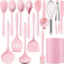 Ensemble de 15 pièces d'ustensiles de cuisine antiadhésifs en silicone, comprenant une spatule, une louche et des ustensiles résistants aux hautes températures, idéal pour les poêles revêtues. - Rose bonbon - Voir 2