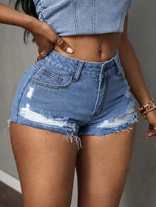 Women's Pocket Distressed Frayed Hem Slim Fit Casual Versatile Denim Shorts - Giặt vừa - Xem 1