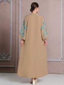 Khaki Embroidery, Middle Eastern Style 3D Holographic Embroidery, Rhinestone-Encrusted Elegant Robe/Coat,Kaftan Robe, Abaya Robe BC4648(Custom Design) - Camel - View 8