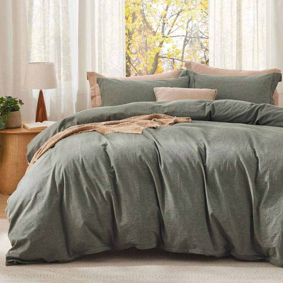Bedsure Summer Vacation Bedding Set (Holiday Essentials), Comforter Set- Cotton Fabric With Microfiber Inner Fill, PureWoven Soft Bed Set For All Seasons, 3 Pieces, 1 Comforter And 2 Pillow Cases, Cooling Twin XL Comforter Set, Soft Bedding Set Gift For Graduation/Vacation/Birthday Decoration/Back To School, For Room Decor, Home Decor, Bedroom Decor, Dorm Decor, Father's Day Gift - 灰橄欖綠 - 查看 1