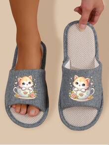 Cute Cat Mug + "Healing Time" Slogan Linen Slip-On Slippers, Non-Slip Wear-Resistant, Suitable For Women All Seasons - Blue - View 7