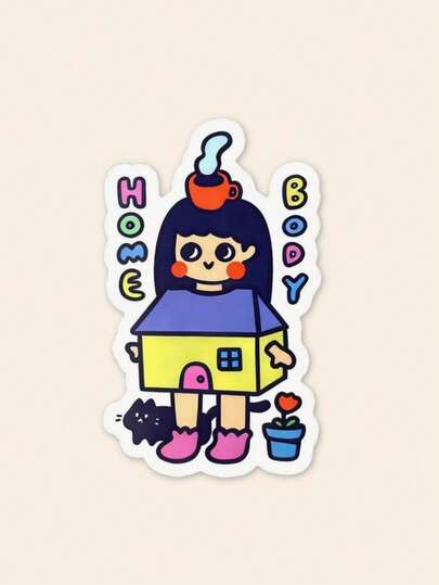 Hình dán dễ thương đầy màu sắc dành cho người thích ở nhà, hình dán cô gái Kawaii với mèo đen, hình minh họa ngôi nhà ấm cúng, thẩm mỹ cho máy tính xách tay, bình nước, văn phòng phẩm trang trí chống thấm nước dành cho người hướng nội.
