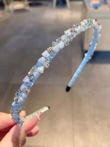 1件手工奢华蓝色水晶不对称闪亮发箍，优雅水钻精致发带，防滑闪亮发箍，新娘婚礼日常佩戴发饰，适合女孩 - 彩色 - 查看 4