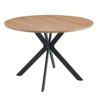 Modern Round Dining Table With Walnut Finish, Made Of MDF – Black X-Frame, Dining Table For Kitchen And Living Room, 110 Cm In Diameter.