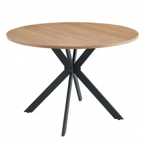 Modern Round Dining Table With Walnut Finish, Made Of MDF – Black X-Frame, Dining Table For Kitchen And Living Room, 110 Cm In Diameter. - Natural Color - View 1