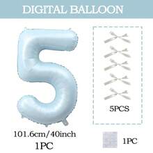 7pcs Blue Number Balloon Set, Bow Tie DIY Decor, Blue Number (0-9) Foil Balloons, Includes Glue, Suitable For Birthday Party, Room Decor, Anniversary, Photo Props, Princess Party Decoration - Baby Blue + Bow - View 18