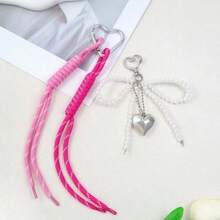 1 Pc Silver Big Heart Pearl Bow Keychain Cute Pearl Design For Girls Women Y2K Key Chains Bag Purse Charm Accessory - Pink - View 5