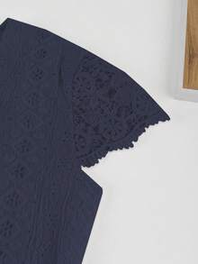 V-Neck Lace Patchwork Hollow Out Embroidery Front Button Spring/Summer Short Sleeve Top - Navy Blue - View 5